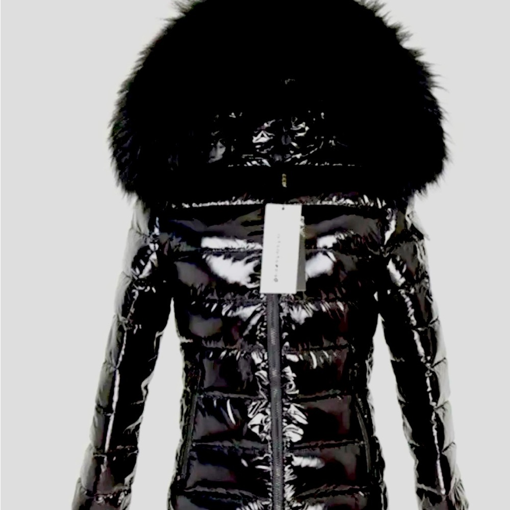 Black down authentic fox fur trim hood  short puffer coat!